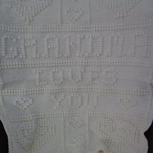 Grandma Loves You White Hand Knitted Crochet Baby Blanket